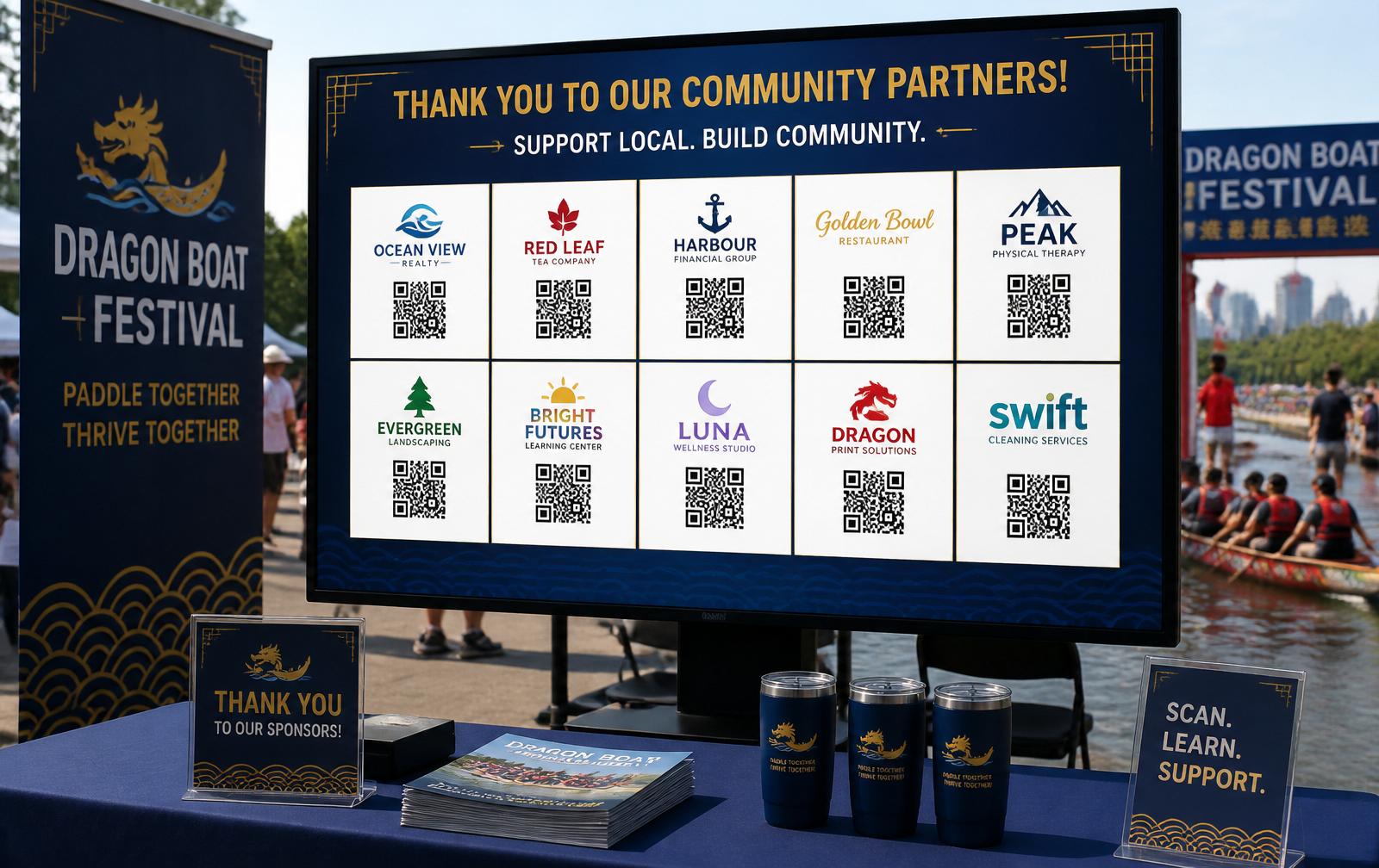 Digital screen displaying sponsor business logos with QR codes at the Dragon Boat event booth